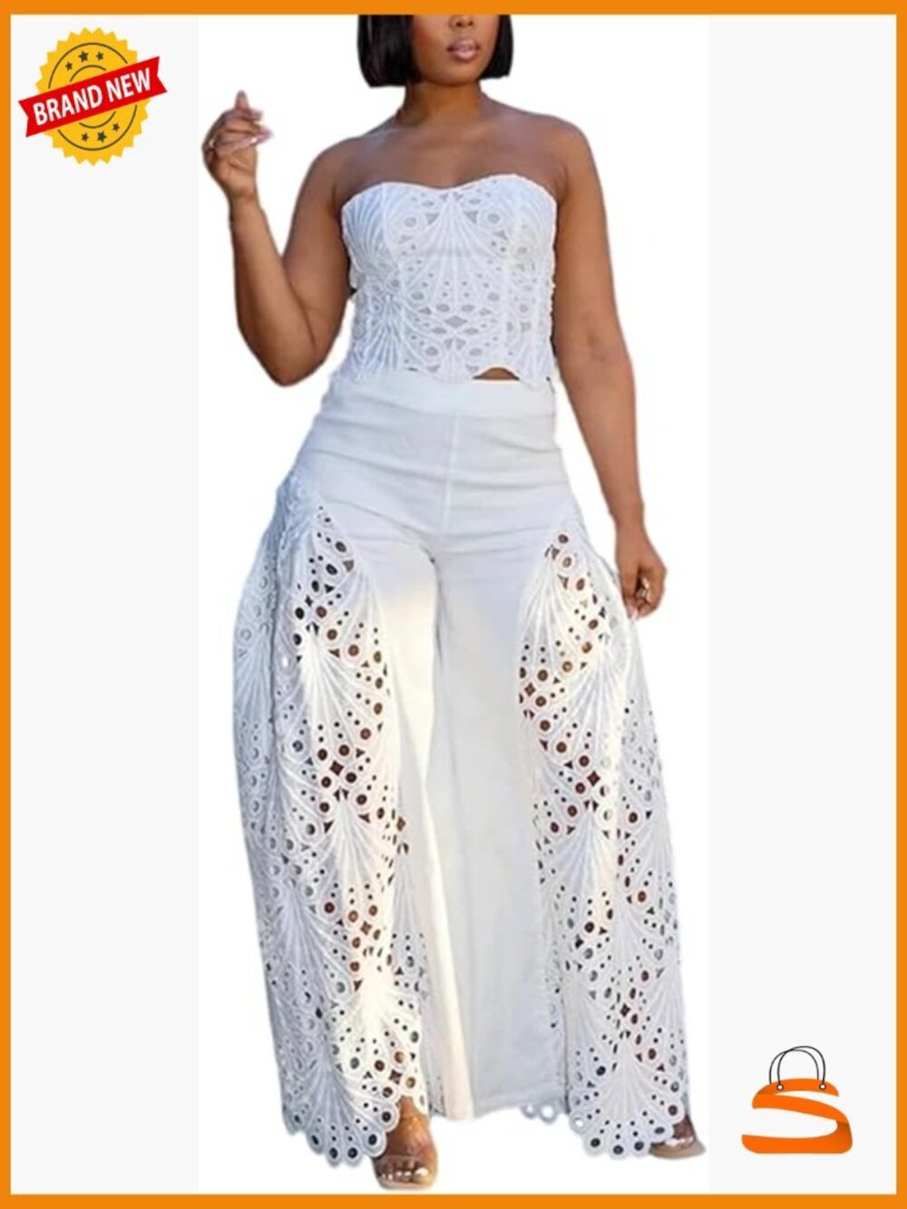 2 Piece Lace Set Strapless Corset Tube Top Wide Leg Barrel Pants Outfits